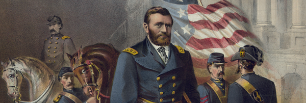 Print shows General Ulysses S. Grant standing in front of other soldiers and horses at the U.S. Capitol.