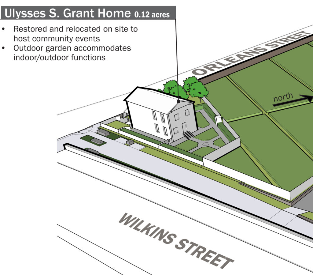 Drawing of the Grant home relocated to the corner of Wilkins and Orleans street.