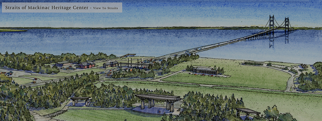 Detail of site rendering showing the bridge in the background