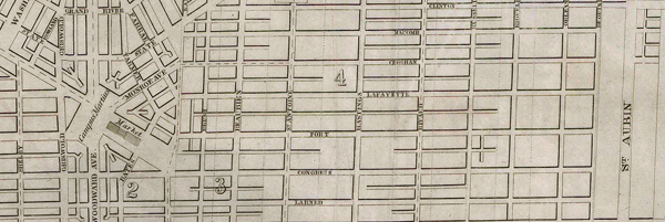 Detail of a 1850 map, showing the neighborhood where the Grant Home was located.