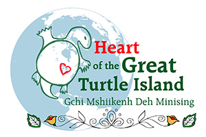 A turtle body is drawn over North and Central American, and Greenland on a globe. The heart is over Michigan.